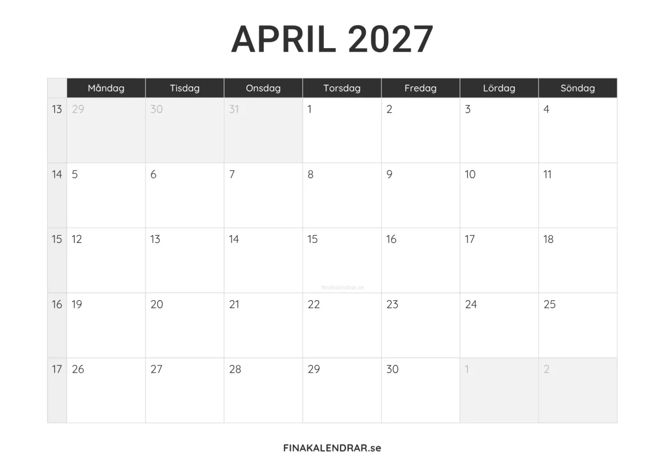april 2027 kalender att skriva ut - minimalistisk layout
