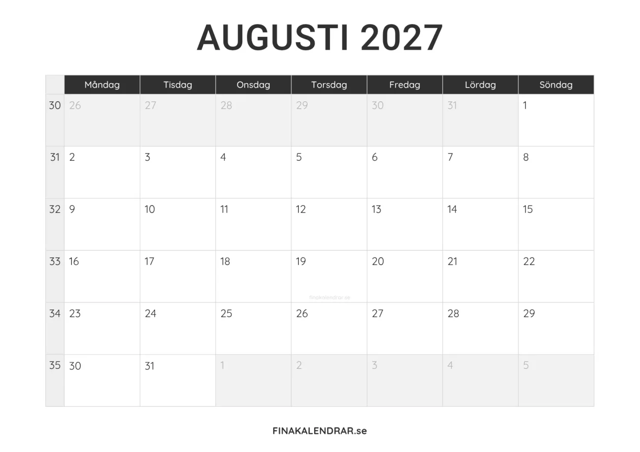 augusti 2027 kalender att skriva ut - minimalistisk layout