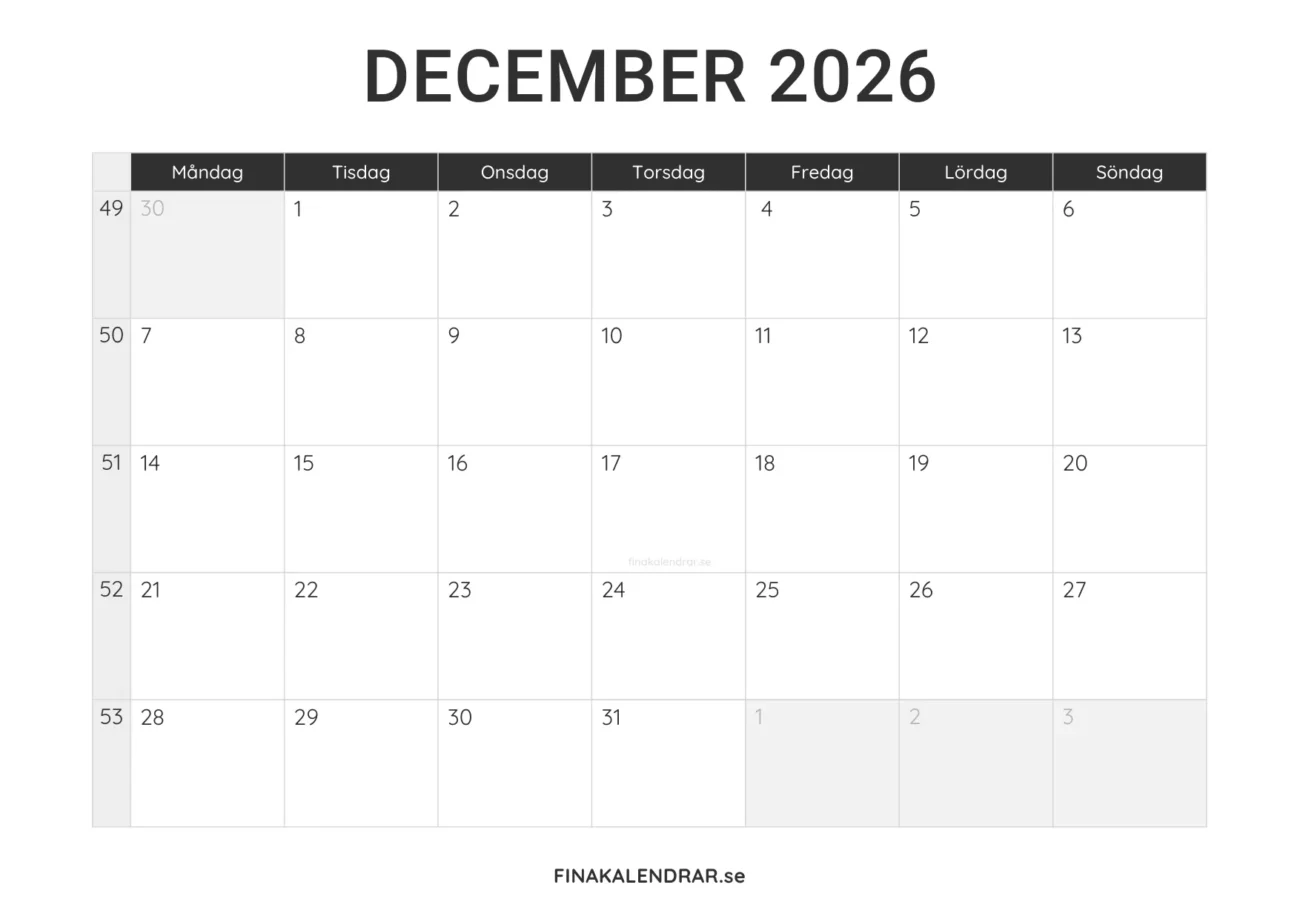 december 2026 kalender att skriva ut - minimalistisk layout