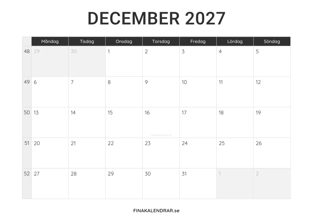 december 2027 kalender att skriva ut - minimalistisk layout