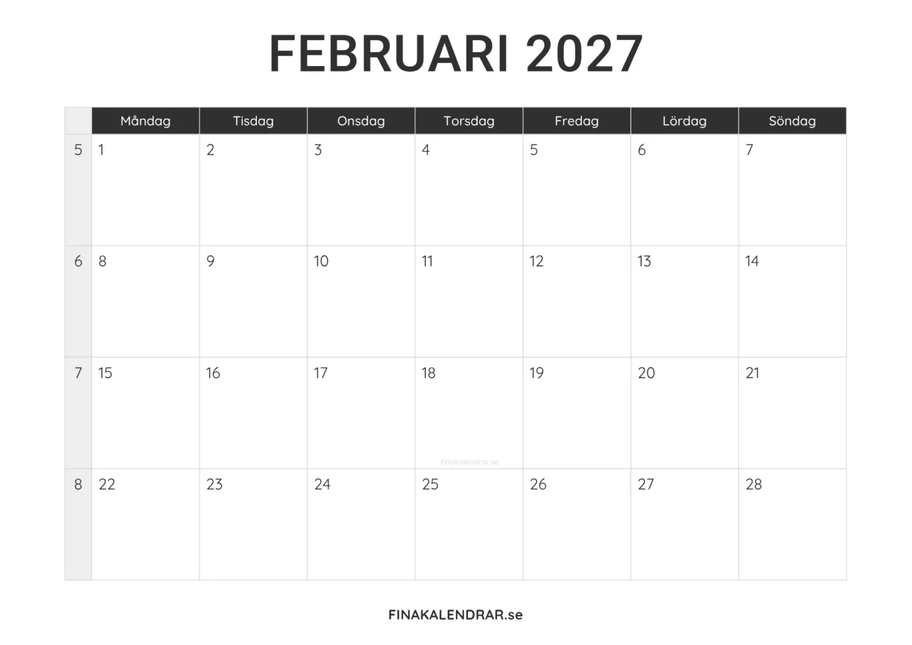 februari 2027 kalender att skriva ut - minimalistisk layout