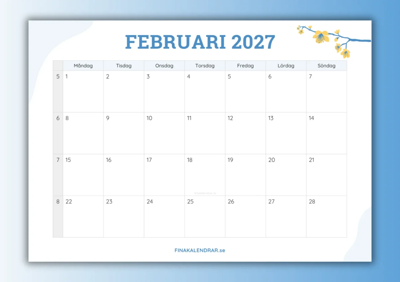 fina kalendrar februari 2027 - miniatyrbild för nedladdning