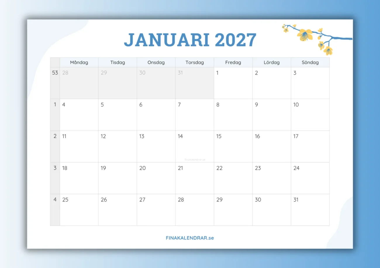 fina kalendrar januari 2027 - miniatyrbild för nedladdning
