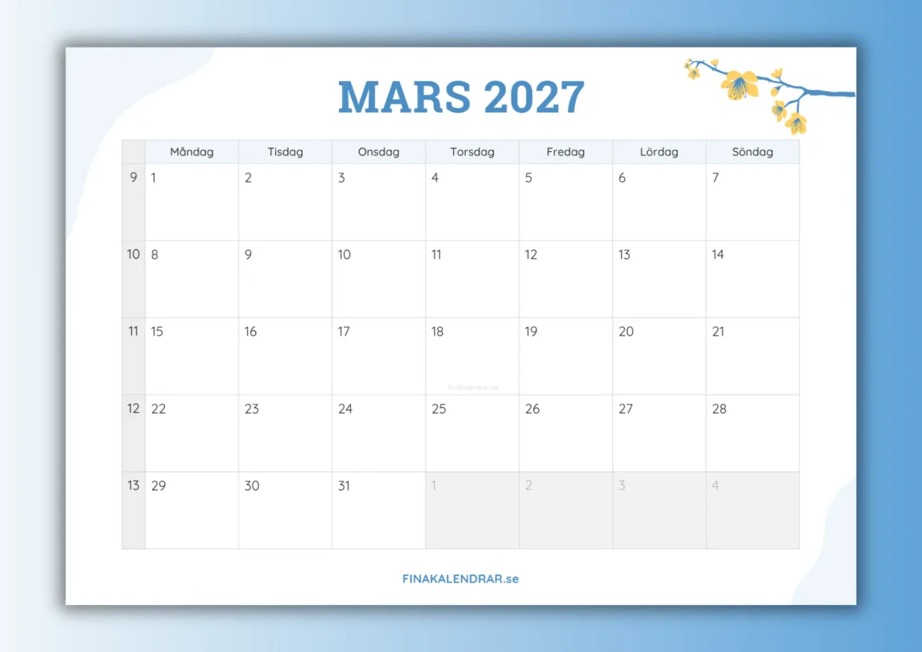 fina kalendrar mars 2027 - miniatyrbild för nedladdning