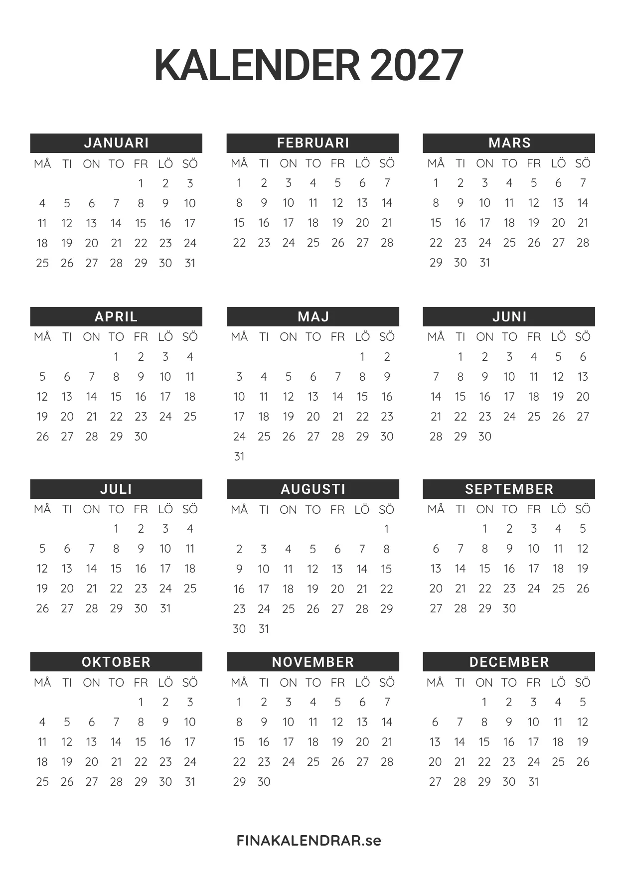 gratis årsplanering 2027 - minimalistisk layout i svart och vitt