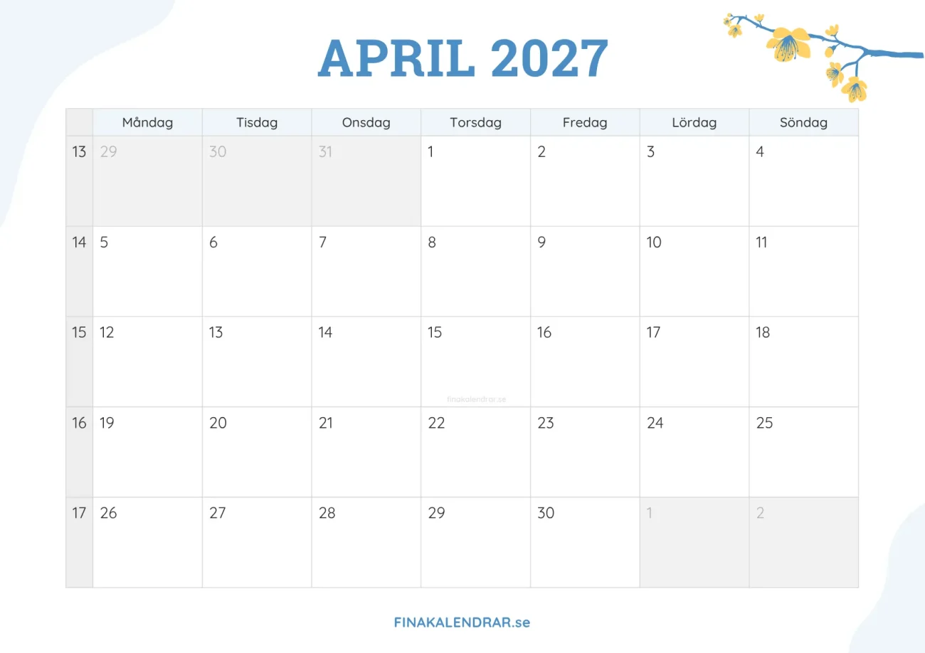 gratis månadskalender april 2027 - dekorerad med vårblommor