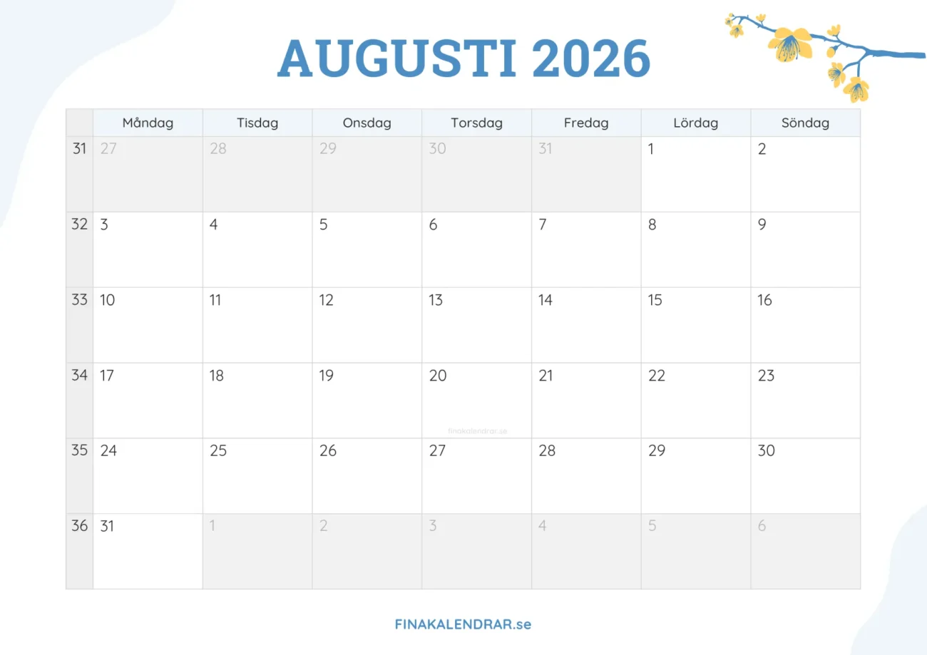 gratis månadskalender augusti 2026 - dekorerad med vårblommor