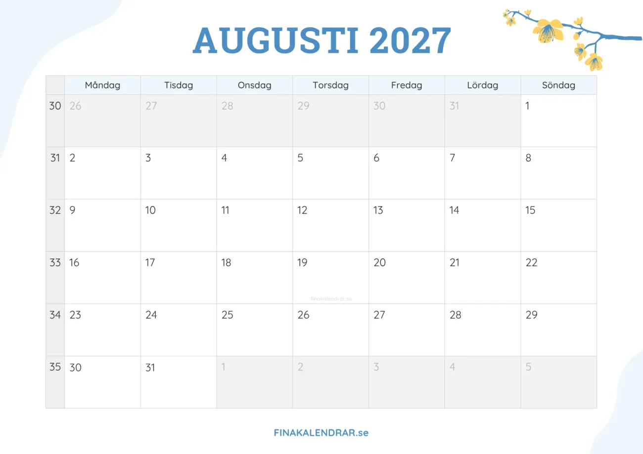 gratis månadskalender augusti 2027 - dekorerad med vårblommor
