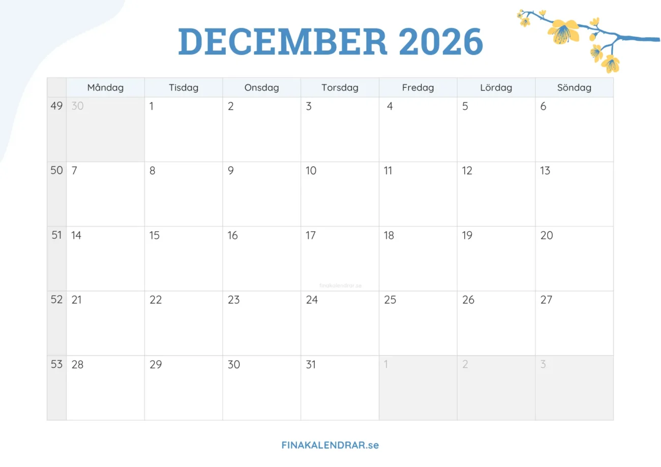 gratis månadskalender december 2026 - dekorerad med vårblommor