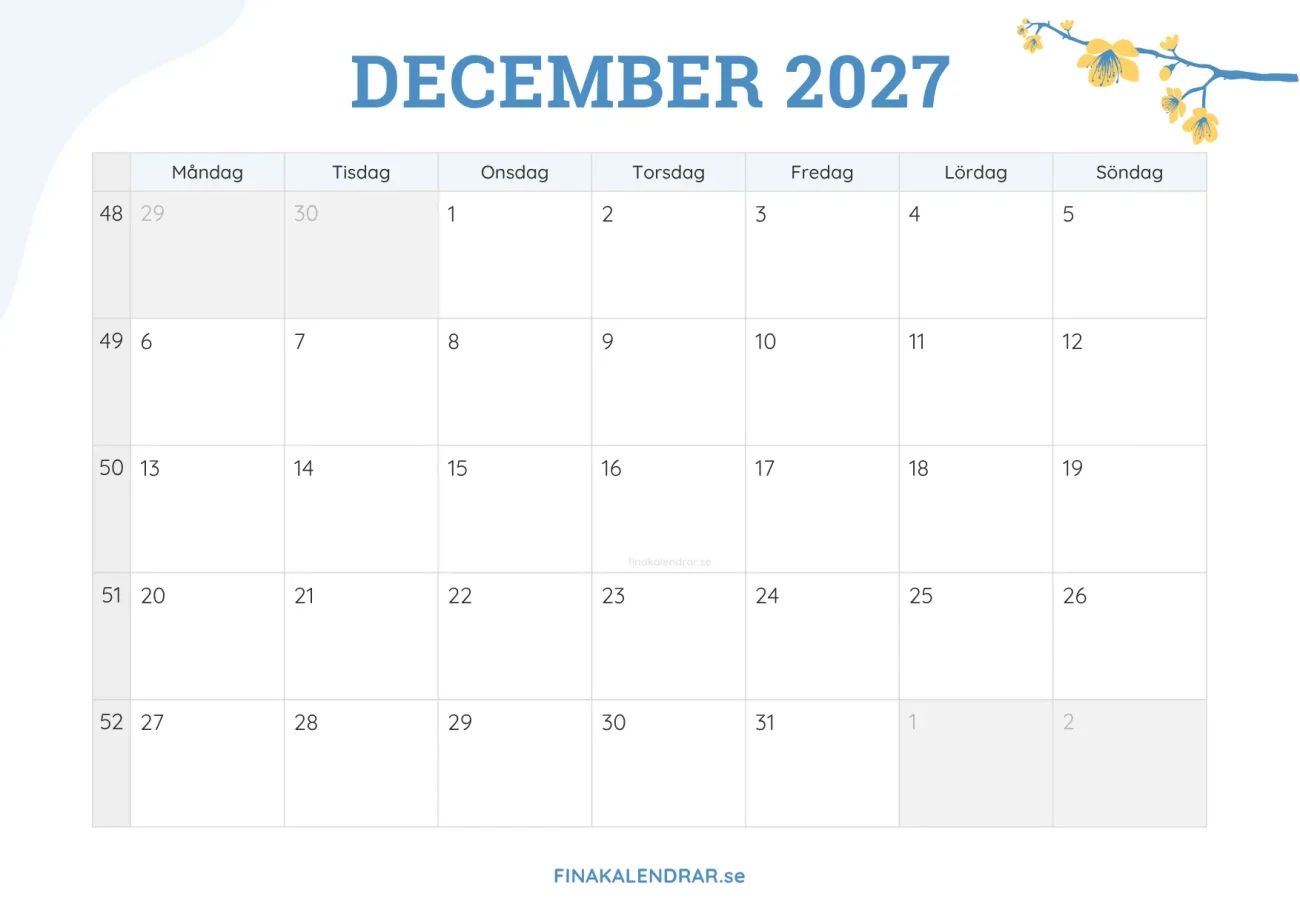 gratis månadskalender december 2027 - dekorerad med vårblommor