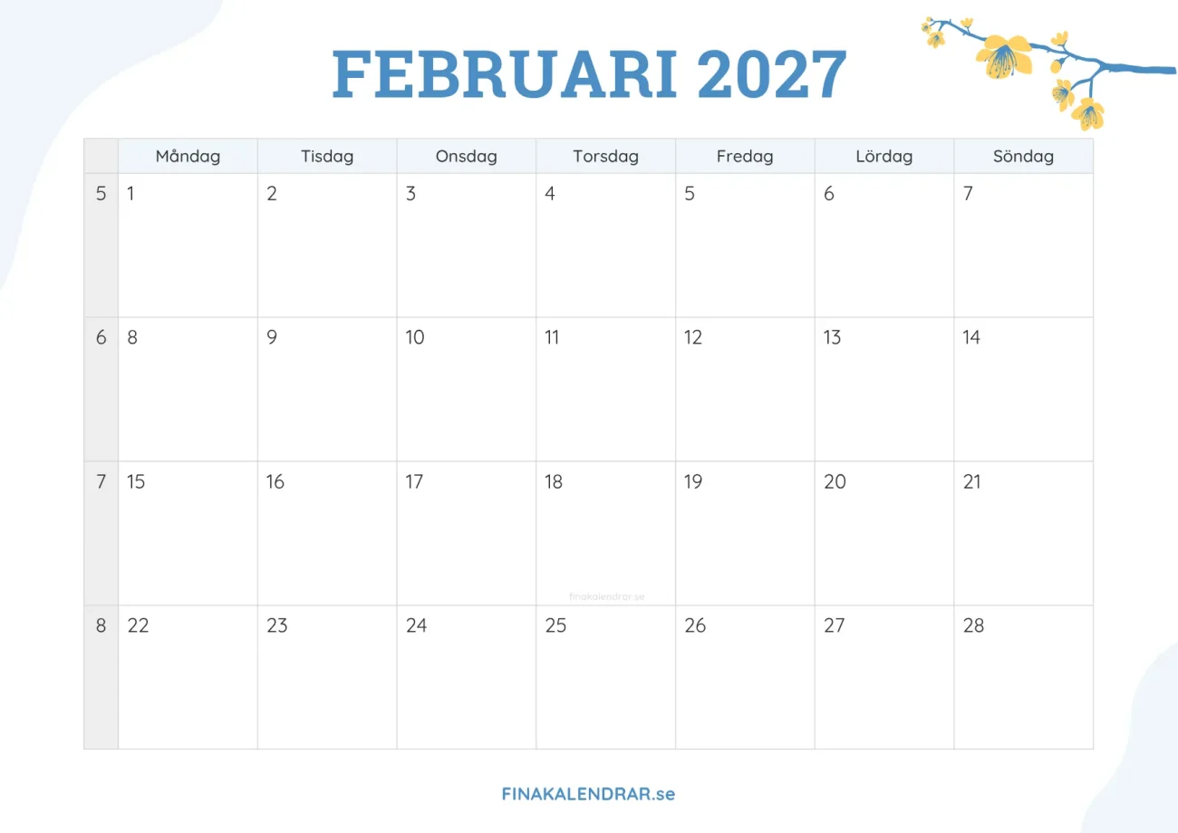 gratis månadskalender februari 2027 - dekorerad med vårblommor