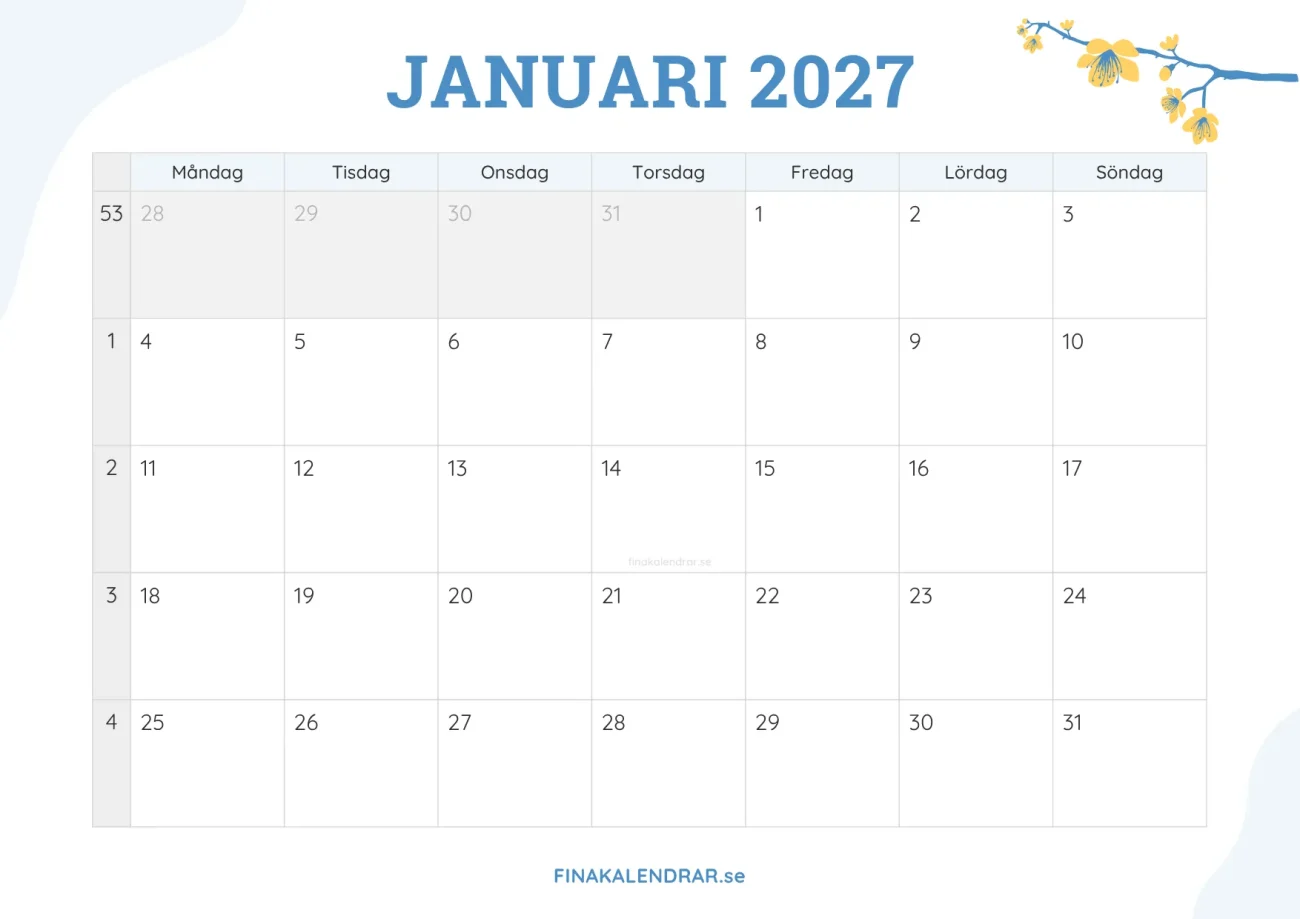 gratis månadskalender januari 2027 - dekorerad med vårblommor