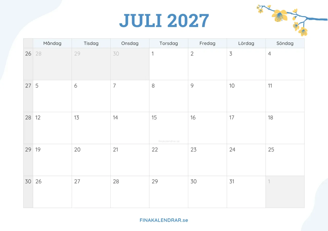 gratis månadskalender juli 2027 - dekorerad med vårblommor