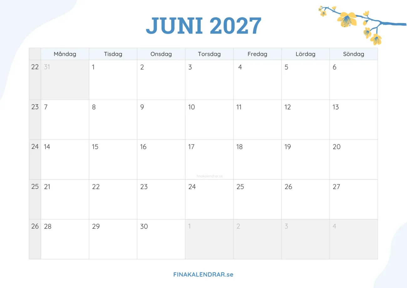 gratis månadskalender juni 2027 - dekorerad med vårblommor