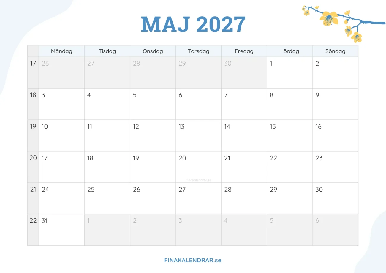 gratis månadskalender maj 2027 - dekorerad med vårblommor
