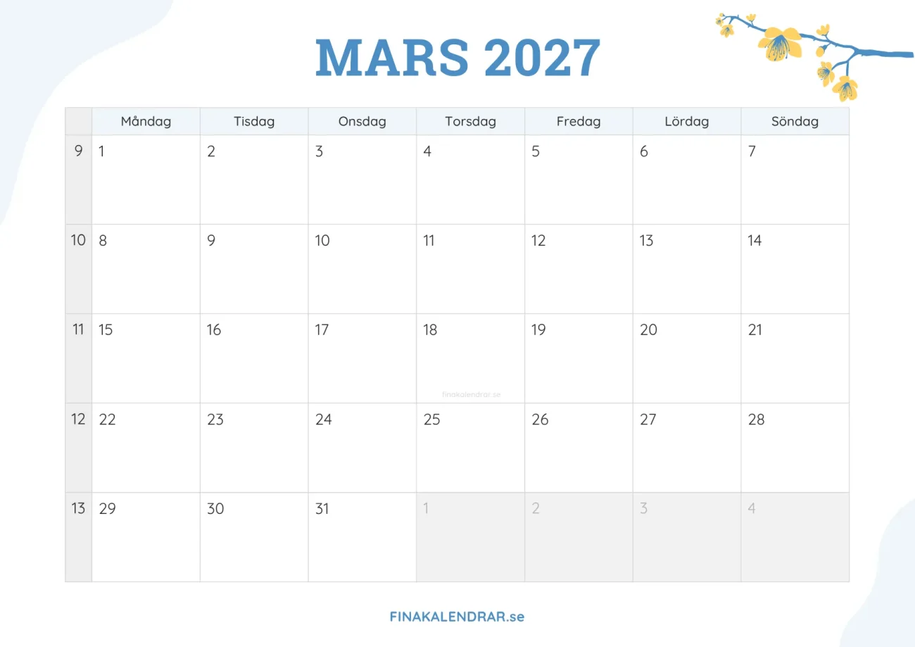 gratis månadskalender mars 2027 - dekorerad med vårblommor