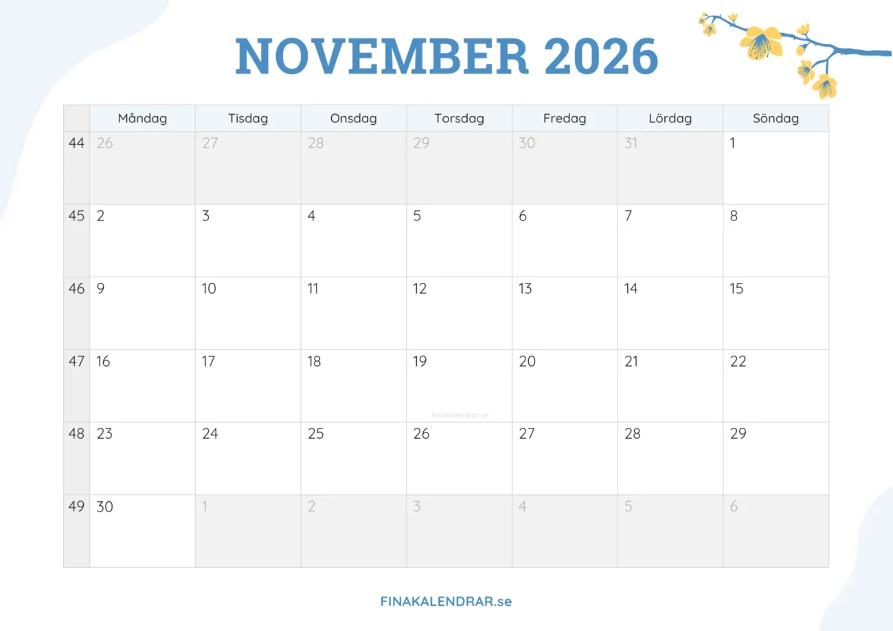 gratis månadskalender november 2026 - dekorerad med vårblommor