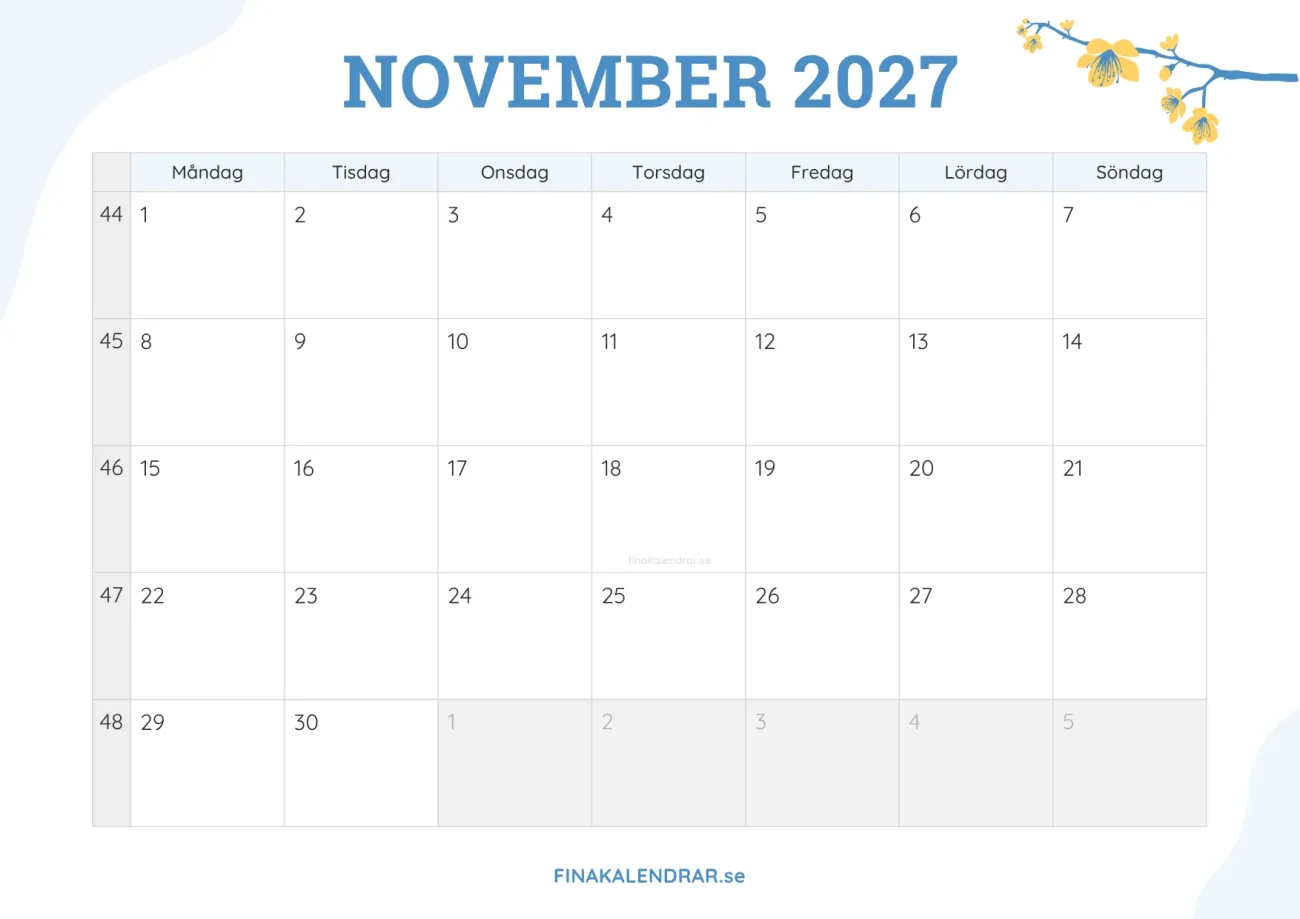 gratis månadskalender november 2027 - dekorerad med vårblommor