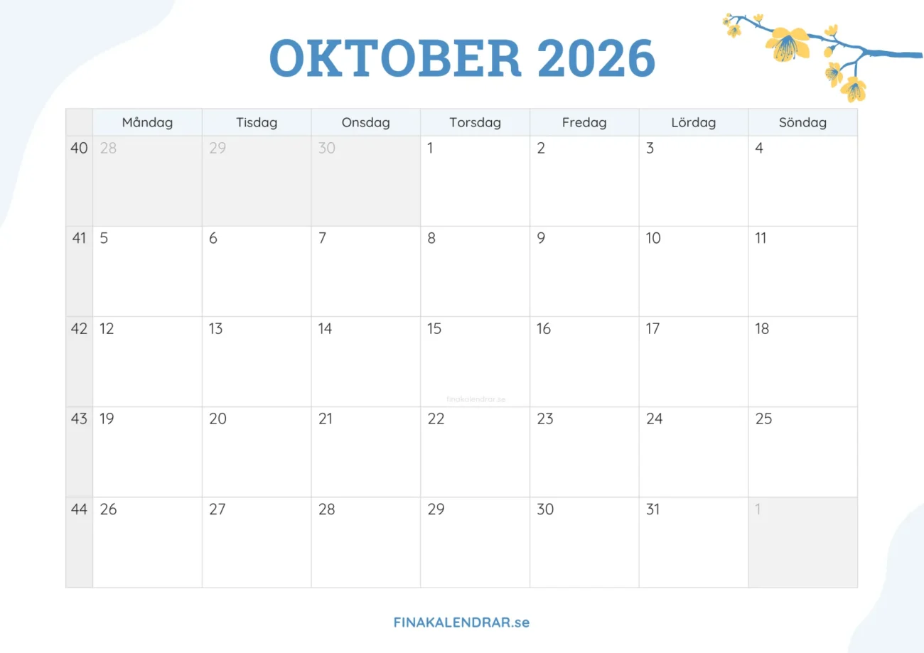 gratis månadskalender oktober 2026 - dekorerad med vårblommor