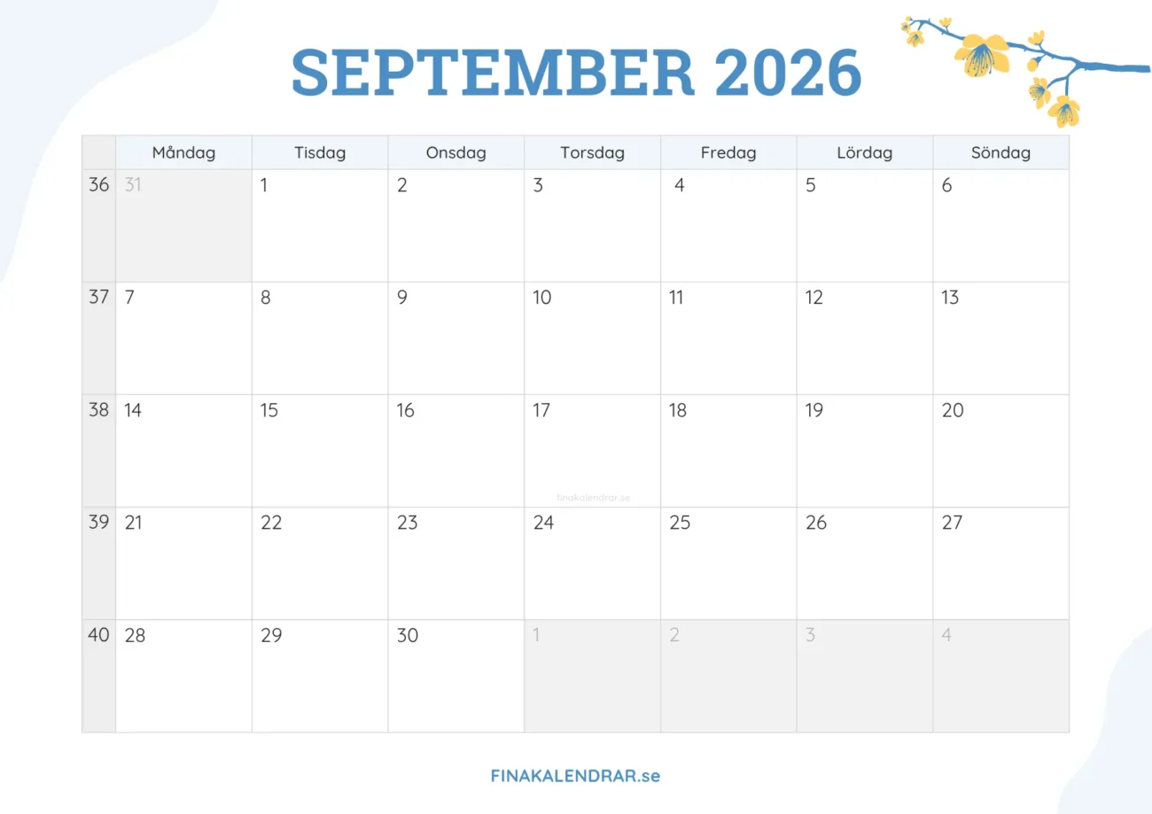 gratis månadskalender september 2026 - dekorerad med vårblommor