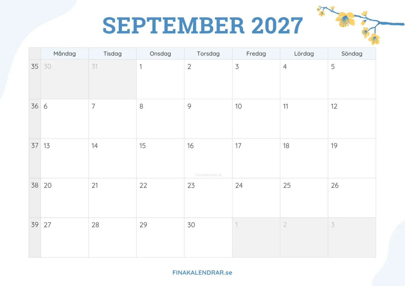 gratis månadskalender september 2027 - dekorerad med vårblommor