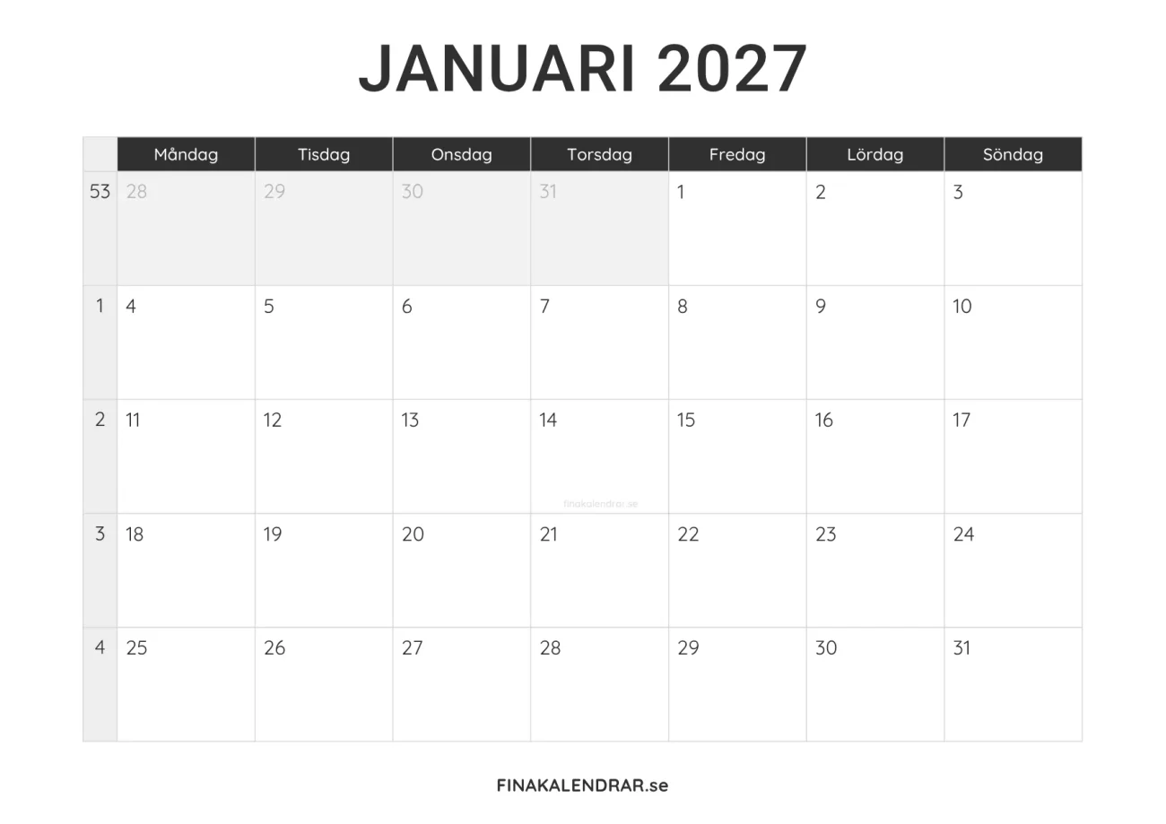 januari 2027 kalender att skriva ut - minimalistisk layout