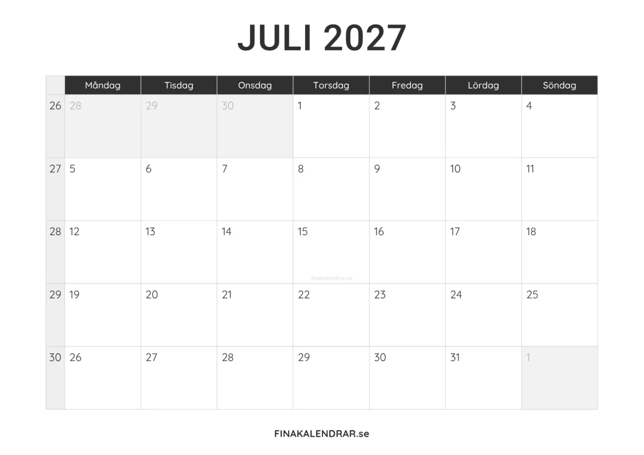 juli 2027 kalender att skriva ut - minimalistisk layout