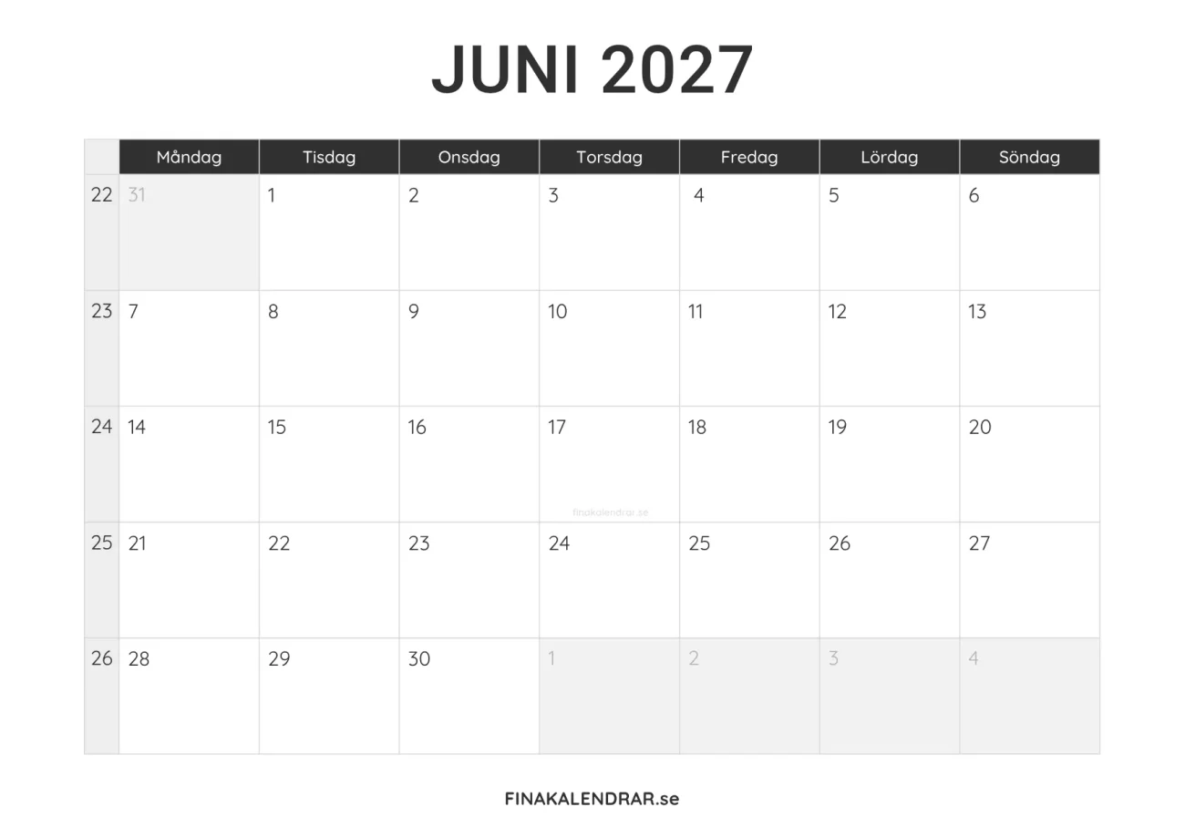 juni 2027 kalender att skriva ut - minimalistisk layout
