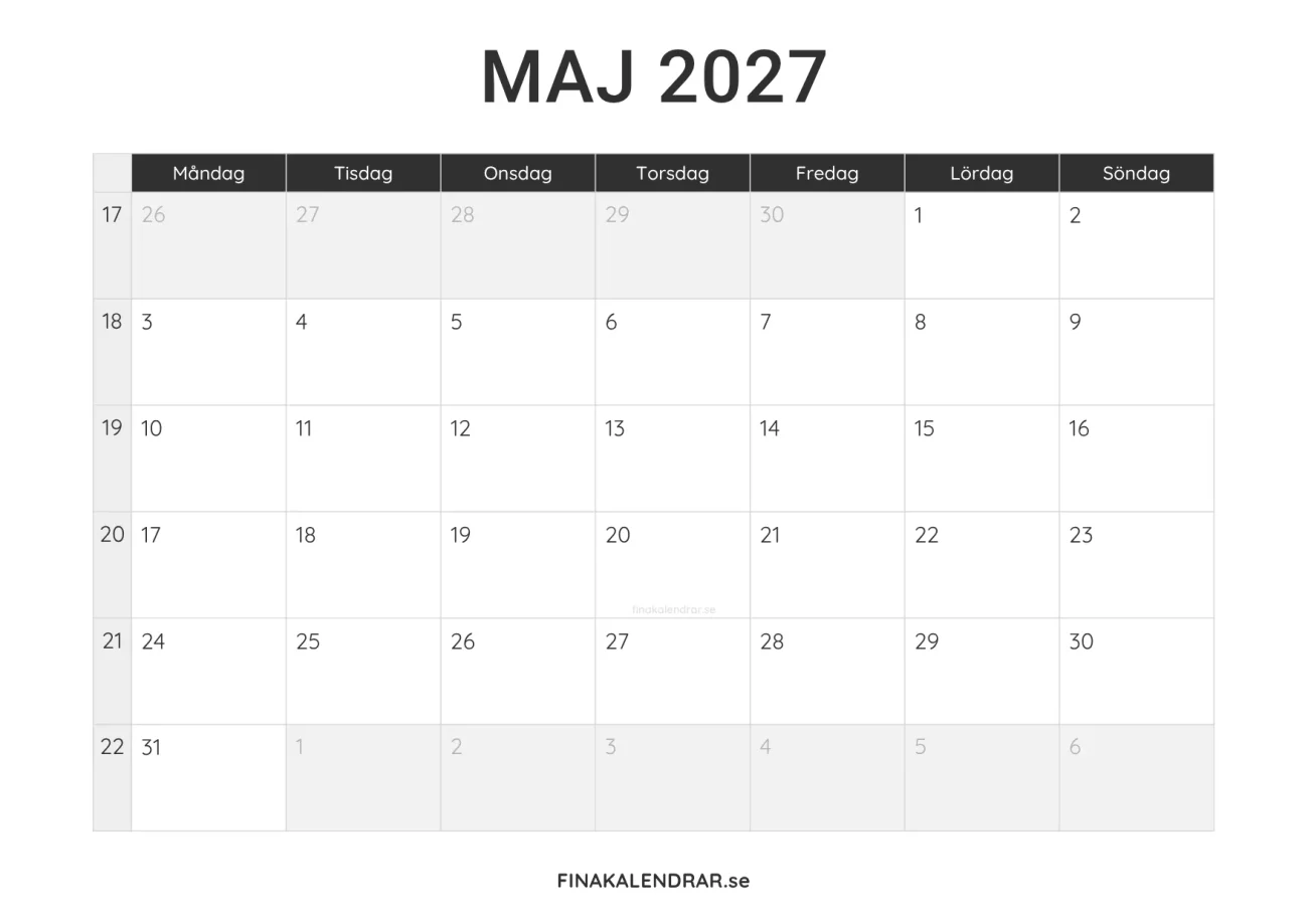 maj 2027 kalender att skriva ut - minimalistisk layout
