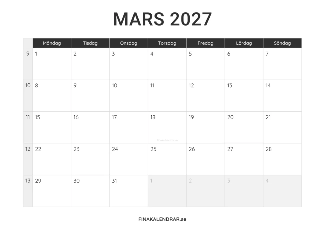 mars 2027 kalender att skriva ut - minimalistisk layout