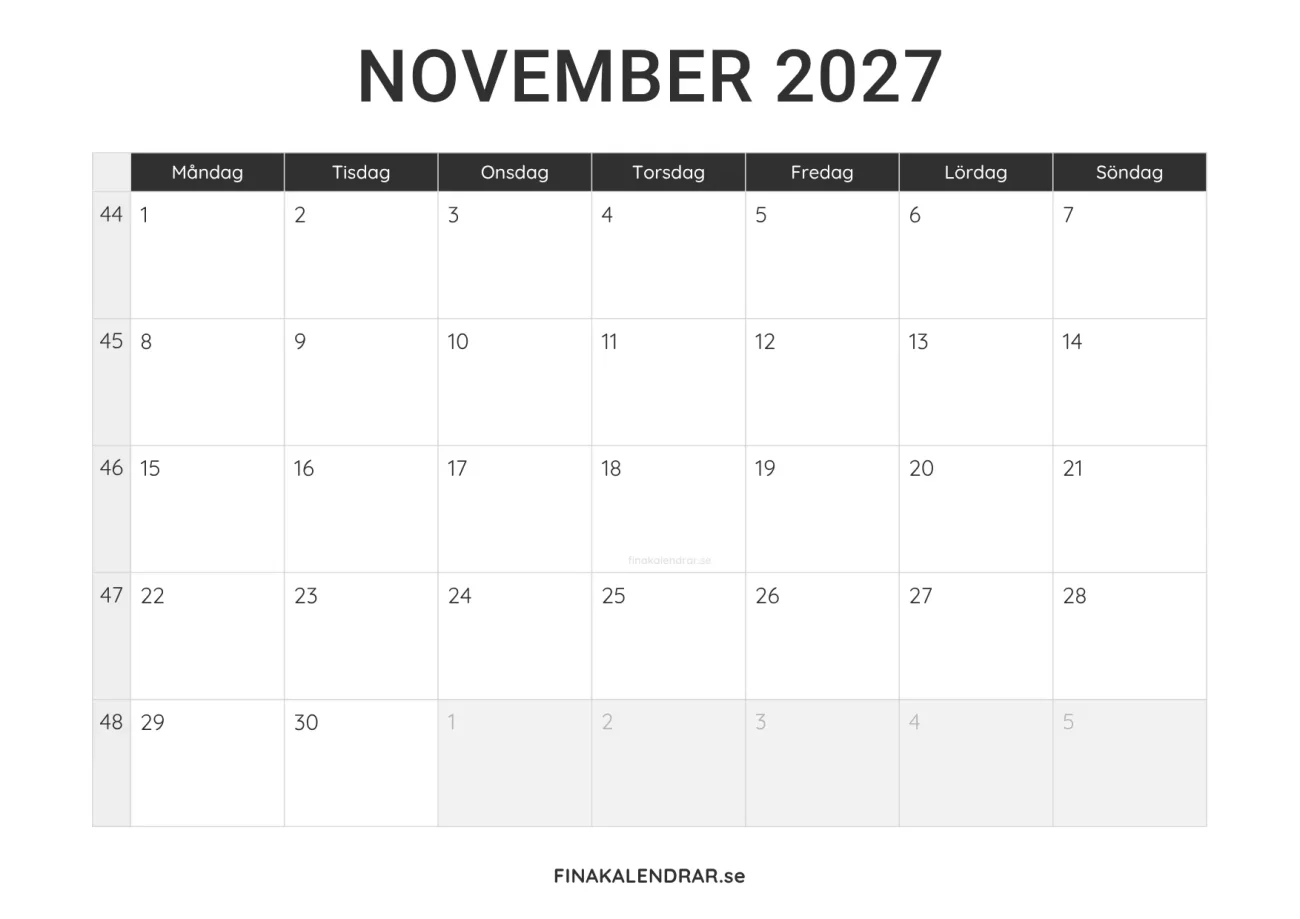 november 2027 kalender att skriva ut - minimalistisk layout