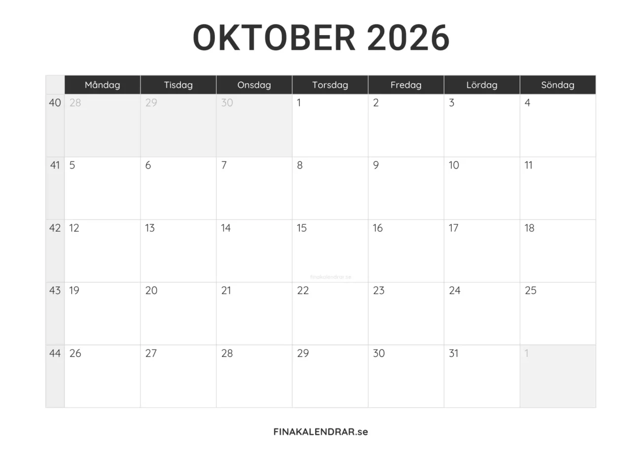 oktober 2026 kalender att skriva ut - minimalistisk layout