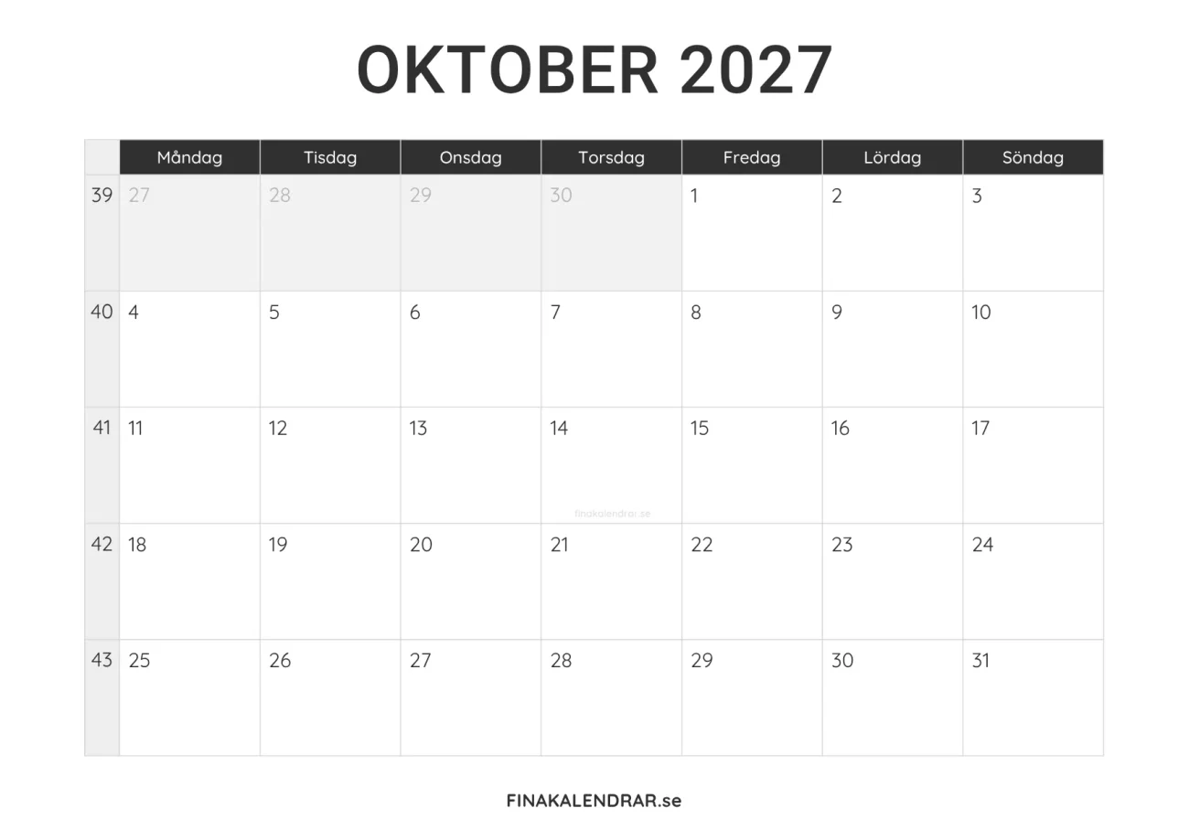 oktober 2027 kalender att skriva ut - minimalistisk layout