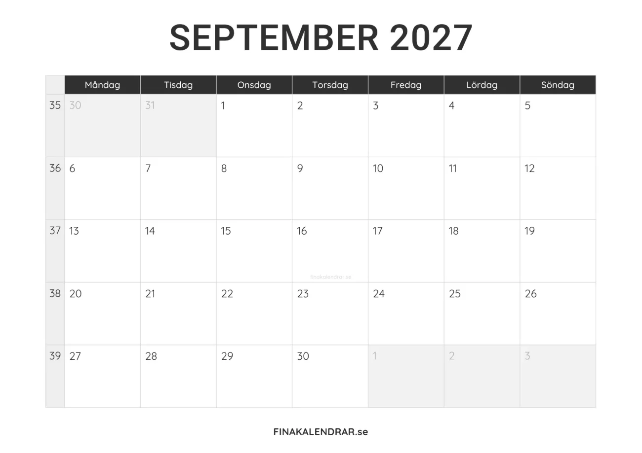 september 2027 kalender att skriva ut - minimalistisk layout